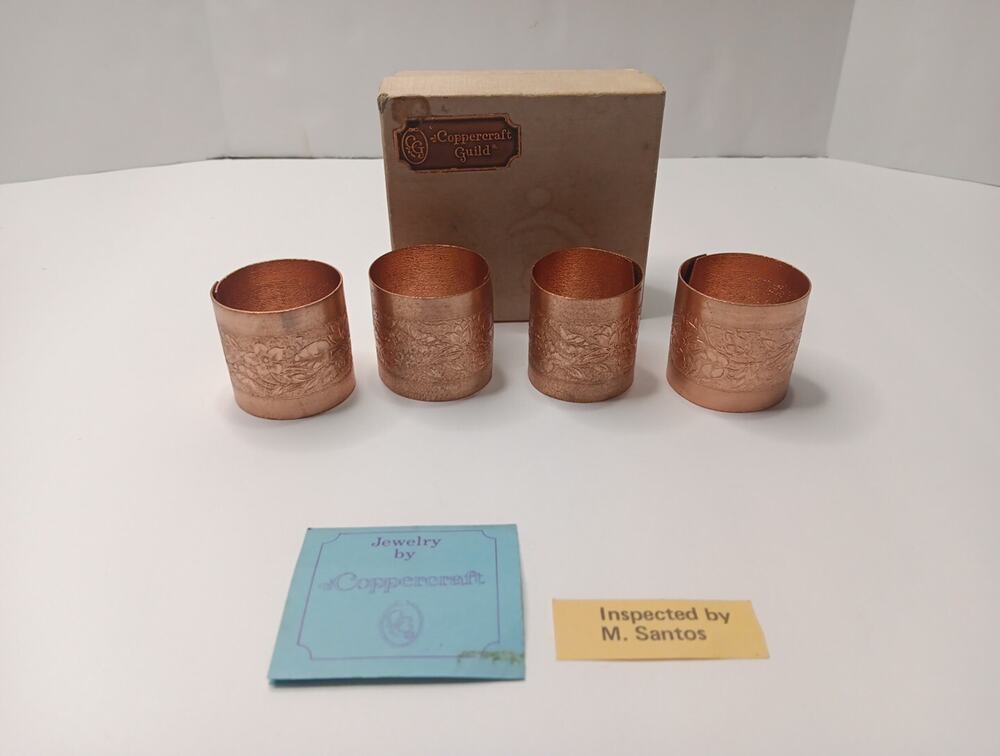 Coppercraft Guild Copper Napkin Rings Set 4 Tooled Engraved Floral Vintage W Box